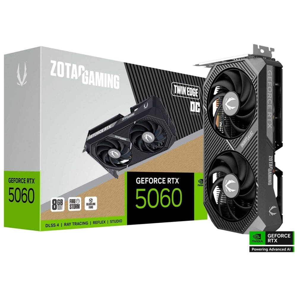 Placa de Vídeo Zotac GeForce RTX 5060 Twin Edge OC, 8GB GDDR7, 128Bits, DLSS4, Ray Tracing, Dual Fan - ZT-B50600H-10M