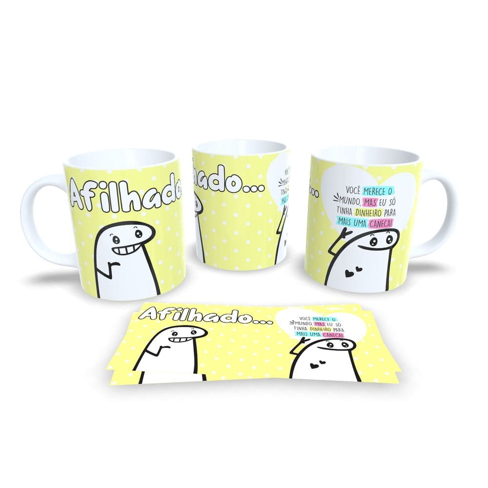Caneca Amarela de Porcelana Flork  Coleção Família (Tio, Tia, Mãe)