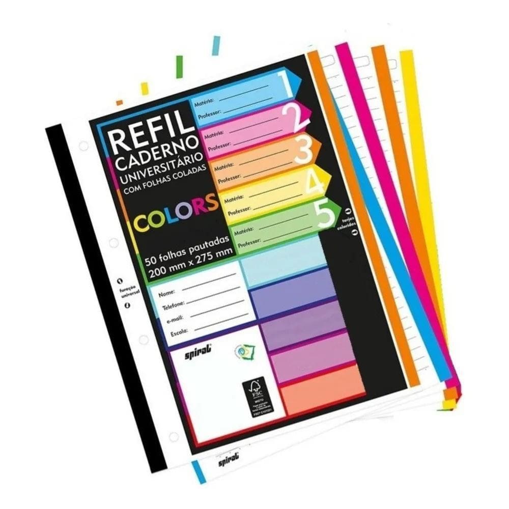 Refil Folha Fichário Color 250Fls 4 Furos Essencial