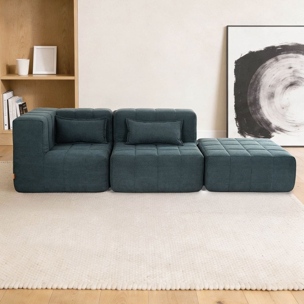 Sofá Modular 2 Lugares com Puff Easybox Cabecasa Madeiraoriginals Cotelê Verde Escuro