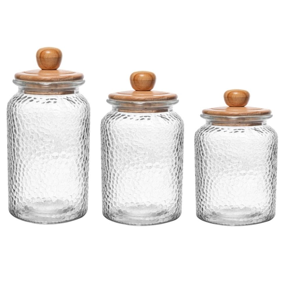 Conjunto de 3 Potes de Vidro Martelado com Tampa Hermética de Bambu Wolff