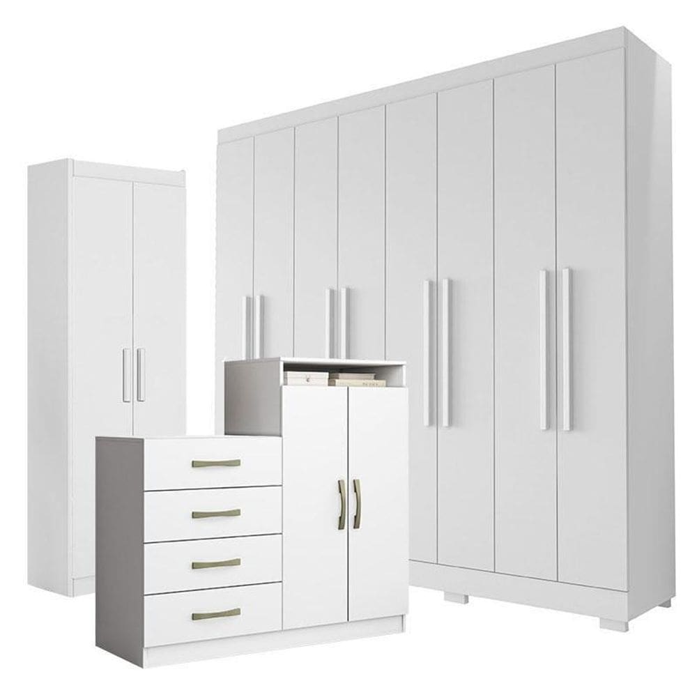 Guarda Roupa Casal Porto 8 Portas 4 Gavetas com Cômoda Sapateira Londres e Armário Multiuso 2 Portas 2000191 Branco Tx - Aramóveis