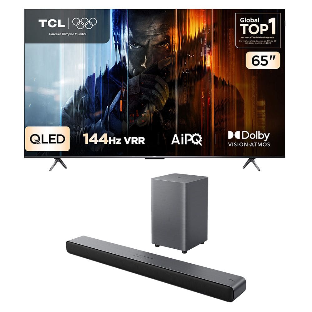 Combo Smart TV TCL 65 QLED 4K P8K WiFi Bluetooth 144Hz 65P8K e Soundbar TCL Subwoofer 2.1 S55H