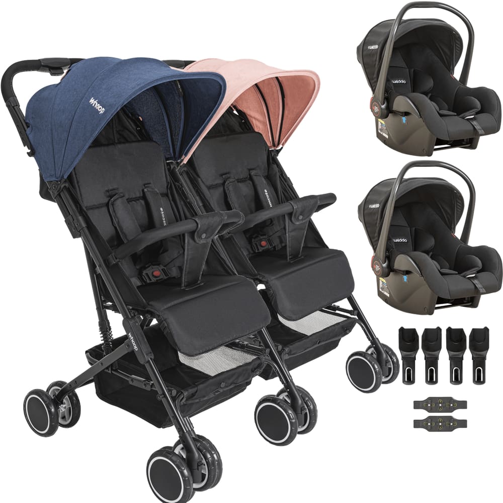 Carrinho Kiddo para Gemeos com 2 Bebe Conforto Mascote Casal