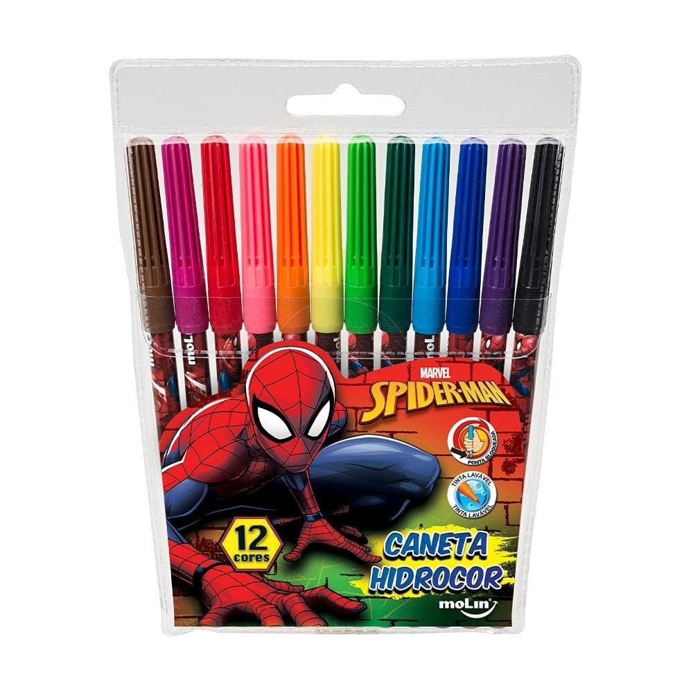 Caneta Hidrocor Molin Spiderman - 5 Embalagens com 12 Cores