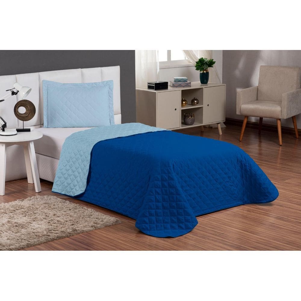 Jogo Cama Solteiro Dupla Face Com Viés Azul Royal/Azul Claro