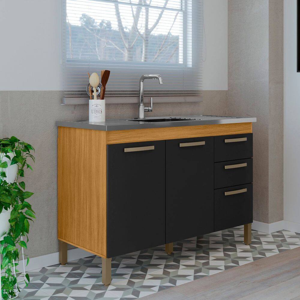 Balcão para Pia sem Tampo 3 Portas e 2 Gavetas Íris Carvalho Americano/Preto TX