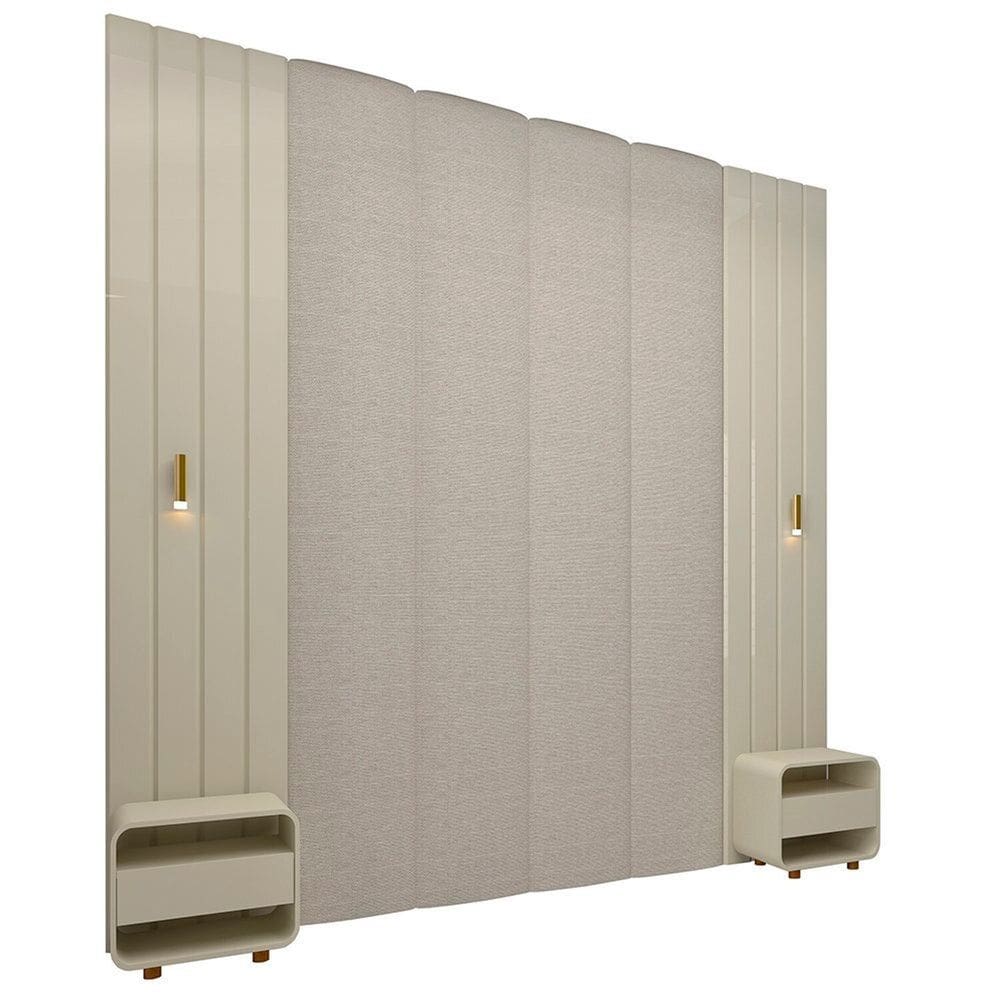 Cabeceira Box 2 Placas Ripadas Majestade 2 Luminárias 2 Mesas Cabeceira Innova 100% Mdf Magnífica Natural Claro/Off White