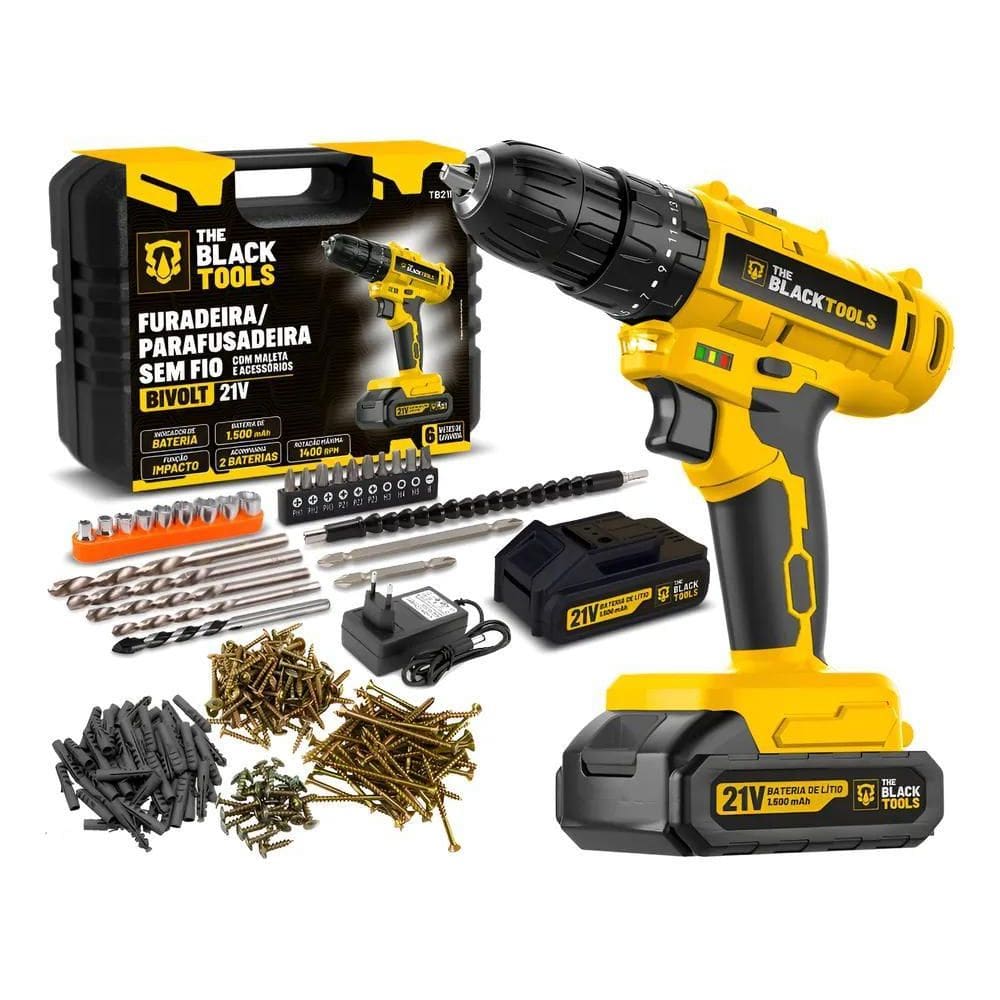 Furadeira Impacto 21V Com 2 Baterias + 99 Acessórios