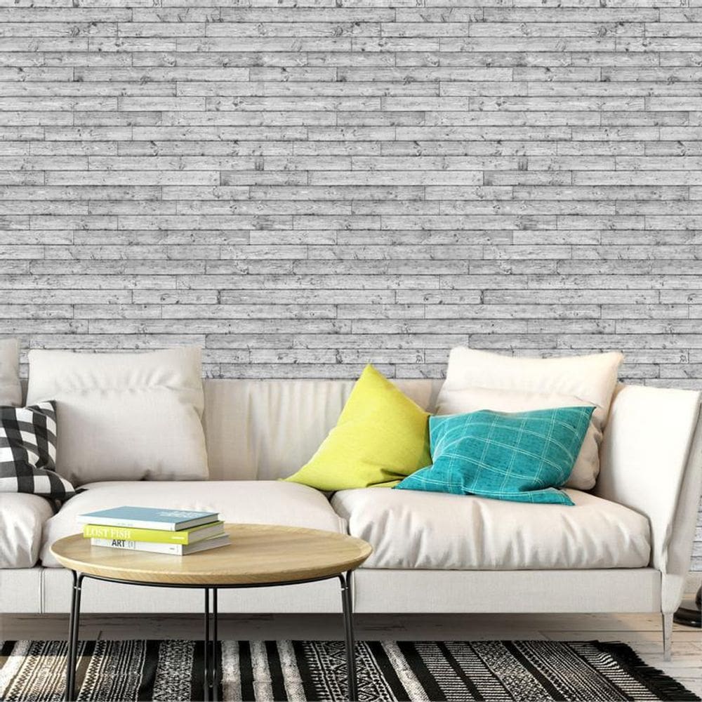 Papel De Parede Madeira Ripa Teca Cinza Autocolante Lavável