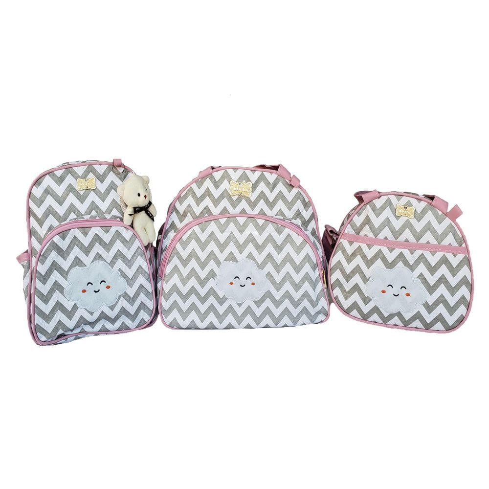 Kit Bolsas Bebê Maternidade Cinza Com Rosa  Nuvem 3 Peças