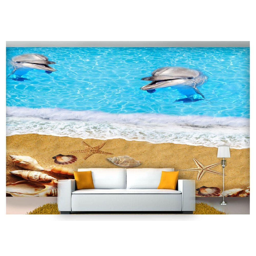 Papel De Parede Praia Golfinhos Estrela Mar 3D At44