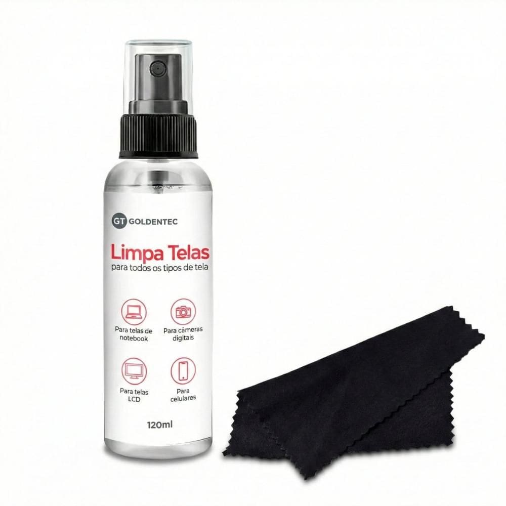 Spray Limpa Tela Goldentec - 120ml - com Flanela - Para Limpeza de Notebook, TVs e Monitores