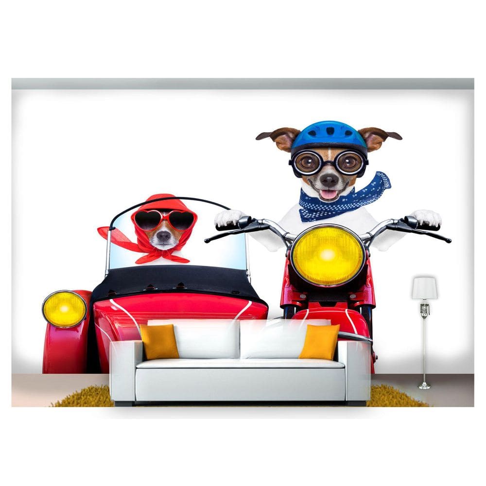 Papel De Parede Casal De Cachorros Na Moto 3D Anm178