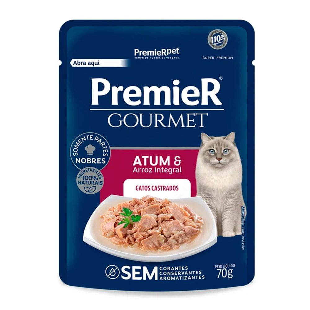 Ração Úmida Premier Gourmet Gatos Adultos Castrados Atum E Arroz Integral - 70g
