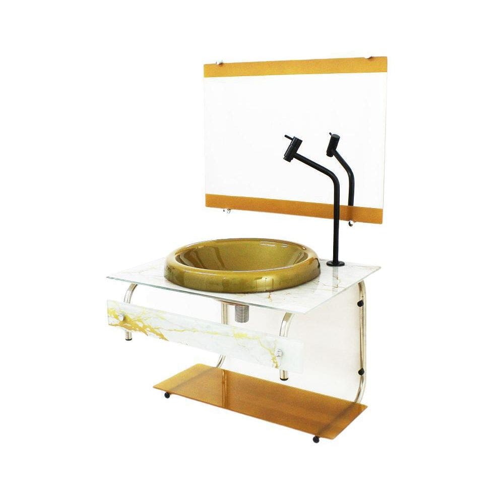 Gabinete De Vidro Para Banheiro 60Cm Mármore Branco Dourado