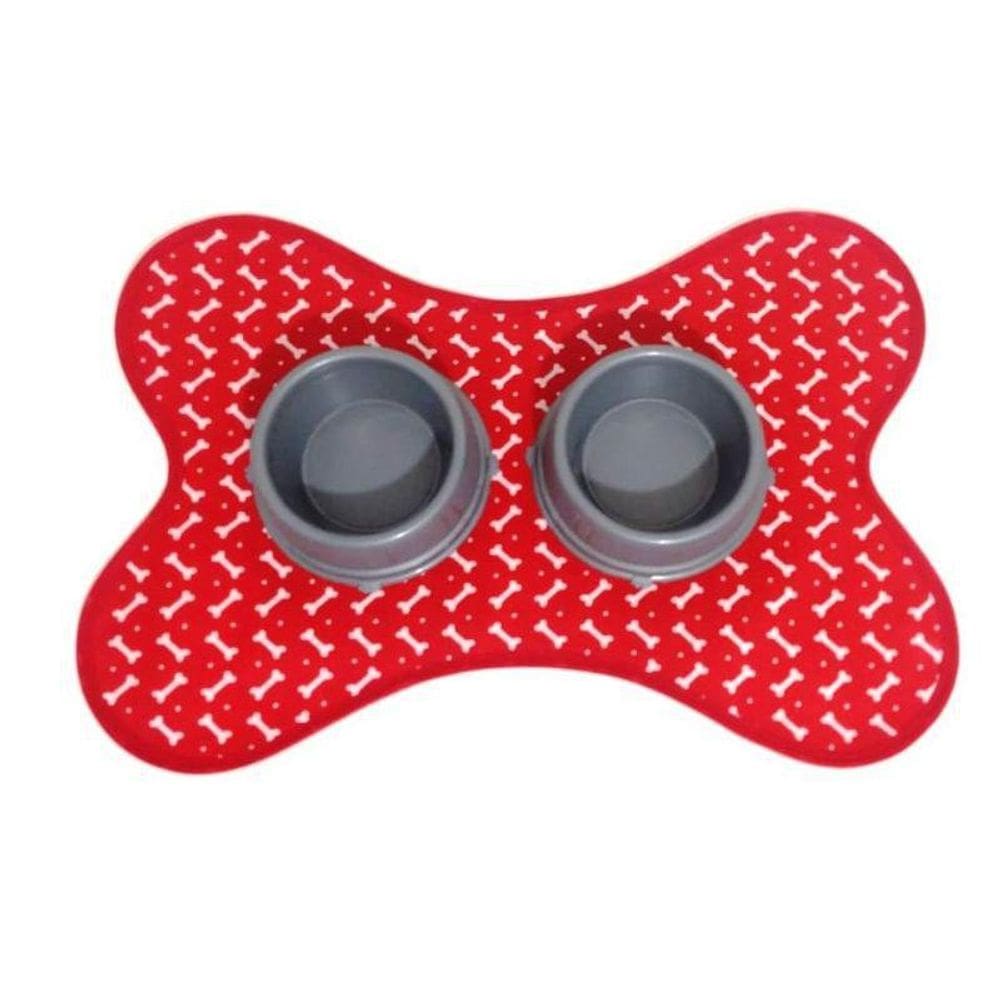 Kit Tapete Vermelho Comedouro/Bebedouro Cinza