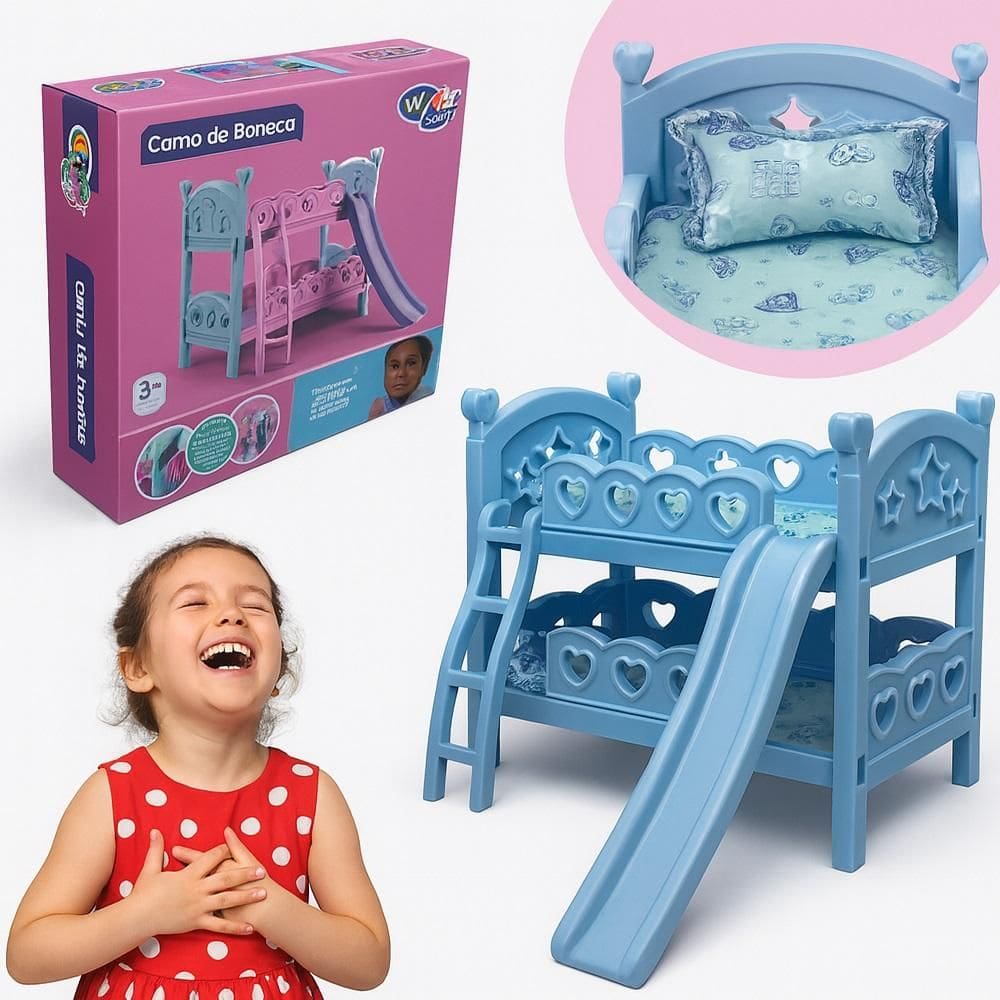 Beliche Duplo Cama De Boneca Com Escorregador Berco Infantil Brinquedo Casinha Azul Para Criancas