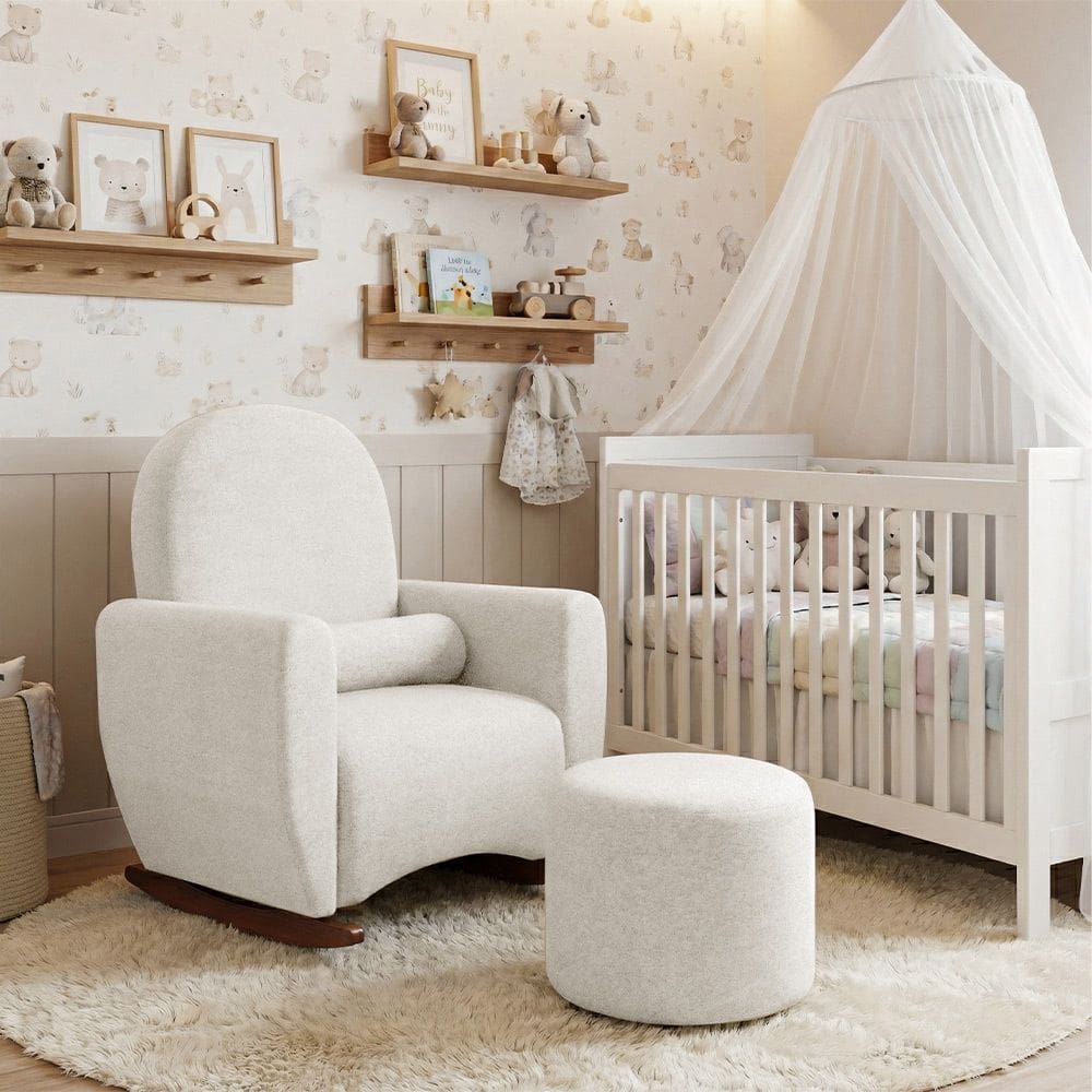 Poltrona Orgânica de Balanço Lara com Puff Tecido Chenille Off White