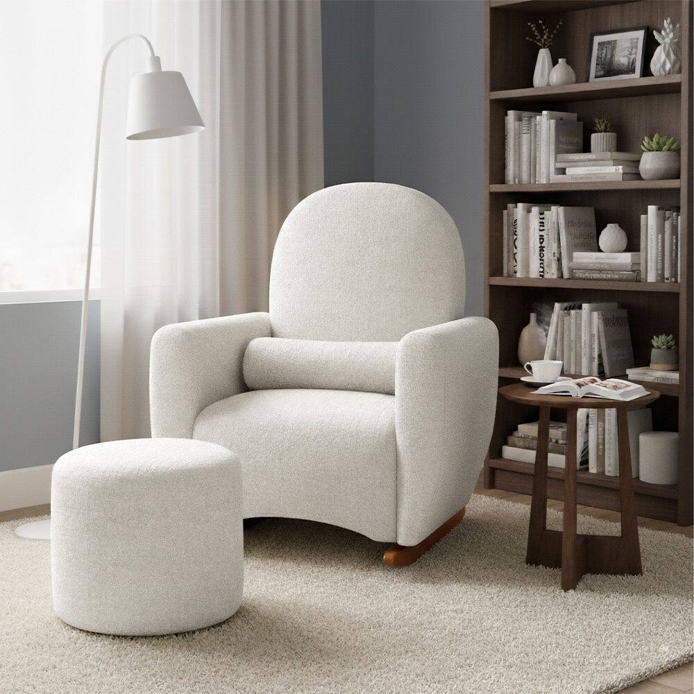 Poltrona Amamentação de Balanço com Puff Lara Estrutura Reforçada Design Orgânico Chenille Off White