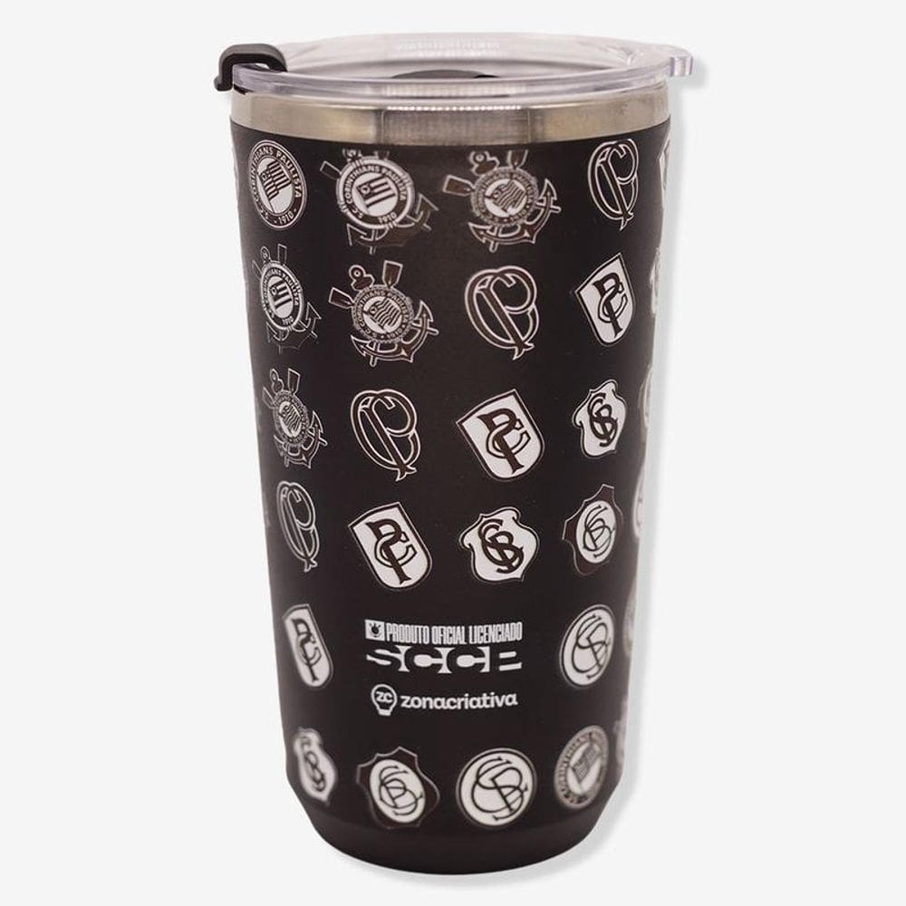 Copo do SC Corinthians 500ml Preto Com Tampa Oficial Zona Criativa