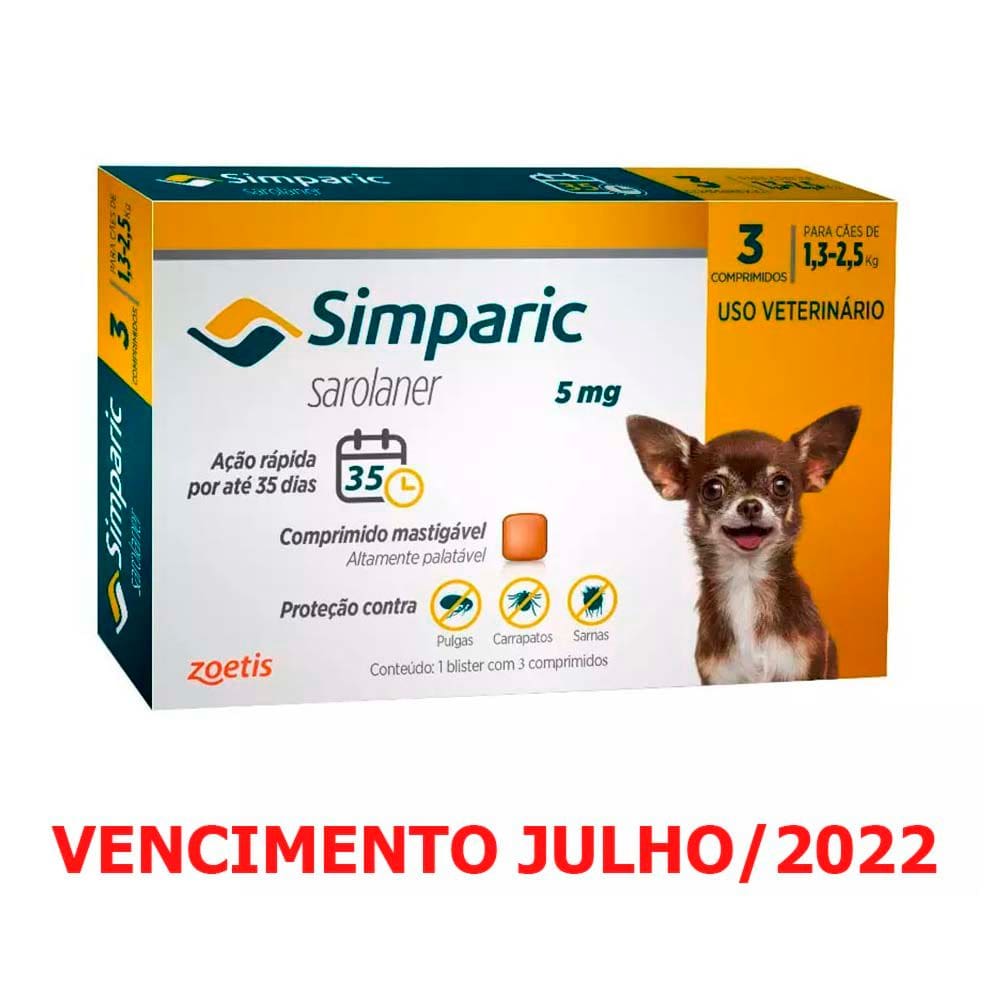 Simparic Antipulgas e Carrapatos Caes 1,3 a 2,5kg c/ 3 Comprimidos