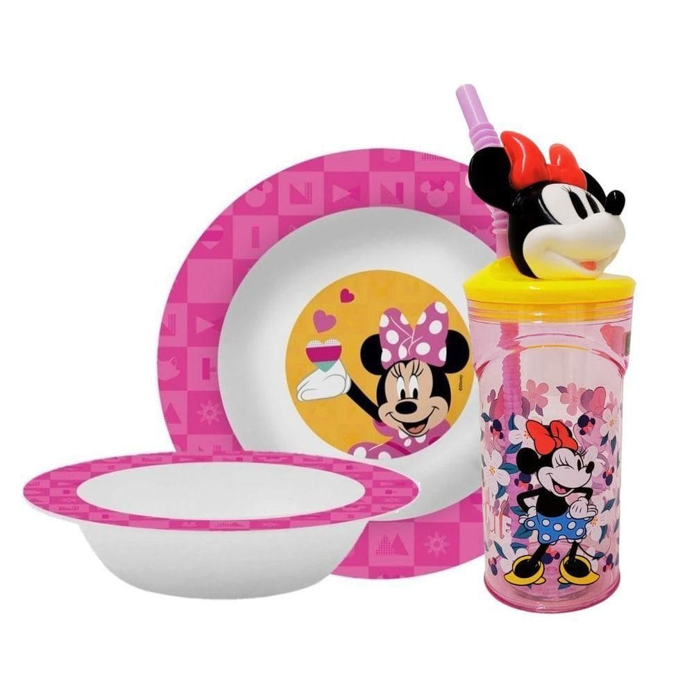 Kit Refeição Infantil Minnie Disney 3 Peças Prato, Tigela E Copo 3d 360ml