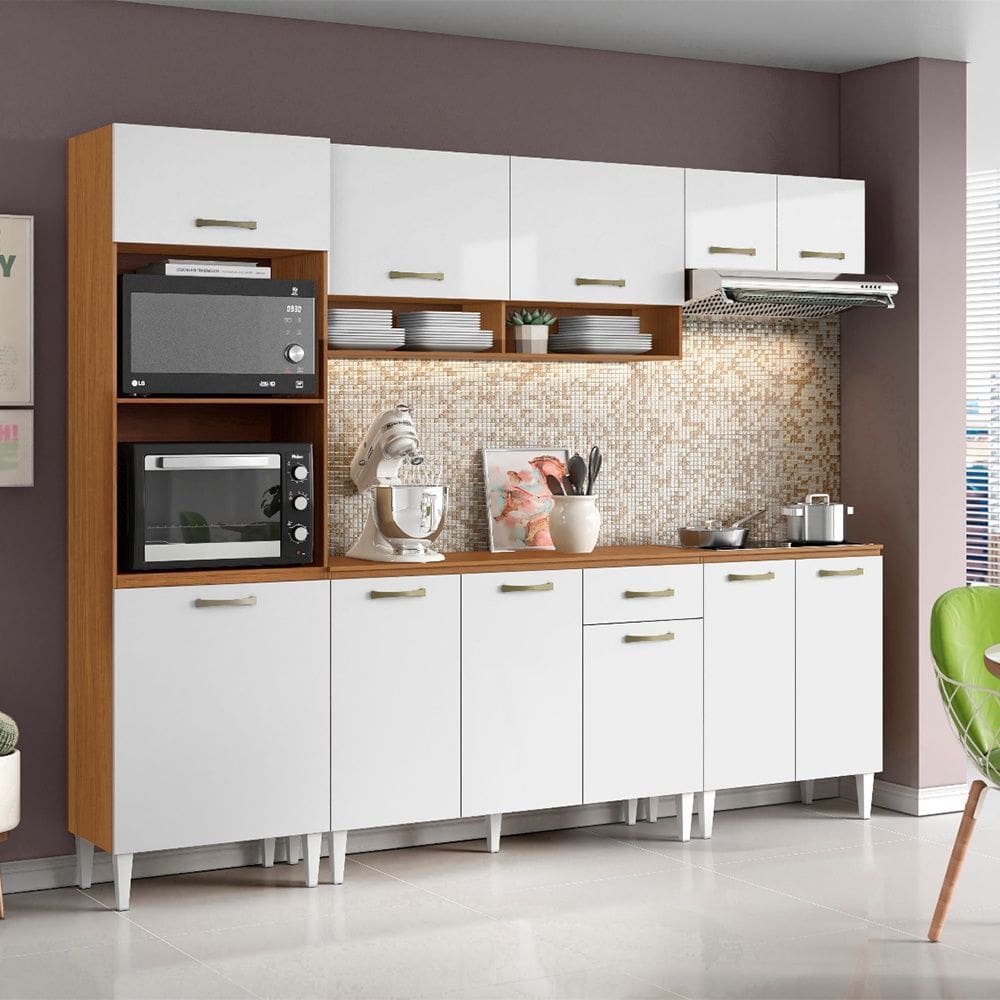 Cozinha Compacta Atenas com Balcão 120cm com Tampo e Balcão 70cm Cinamomo Branco Aramóveis