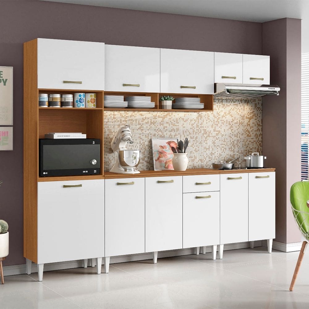 Cozinha Compacta Aurora com Balcão 120cm com Tampo e Balcão 70cm Cinamomo Branco Aramóveis