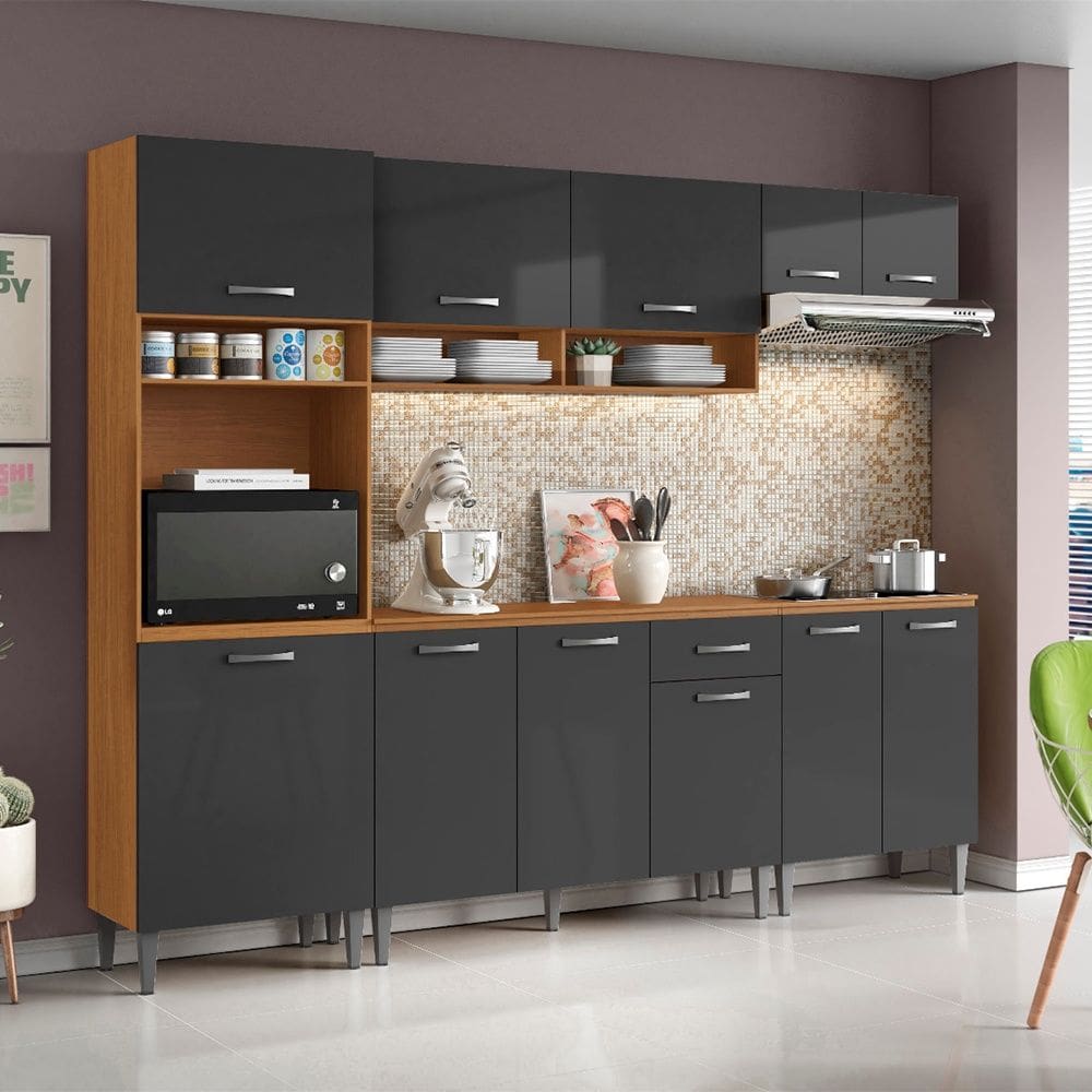 Cozinha Compacta Aurora com Balcão 120cm com Tampo e Balcão 70cm Cinamomo Grafite Aramóveis