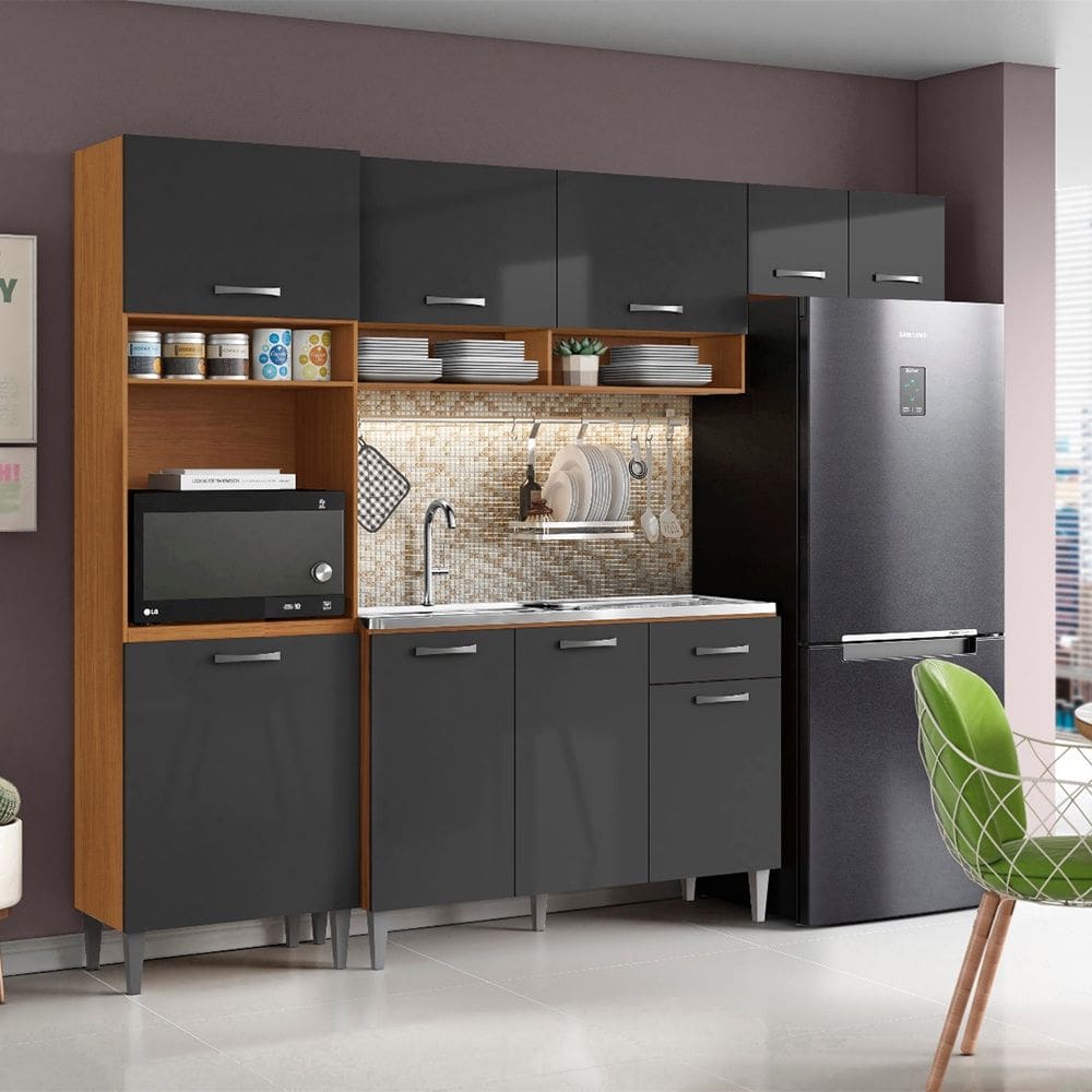 Cozinha Compacta Aurora com Balcão 120cm sem Tampo e Balcão 70cm Cinamomo Grafite Aramóveis