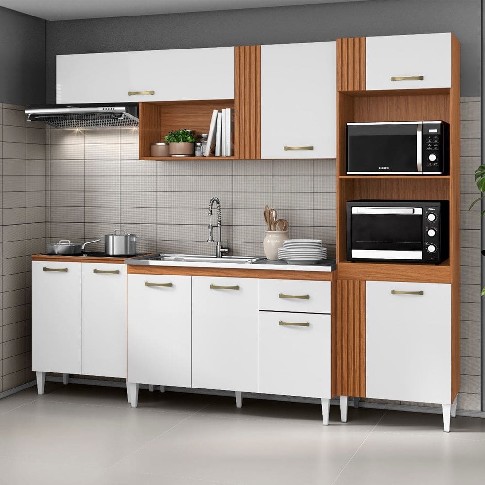 Cozinha Compacta Vitória com Balcão 120cm sem Tampo e Balcão 70cm Cinamomo Branco Aramóveis