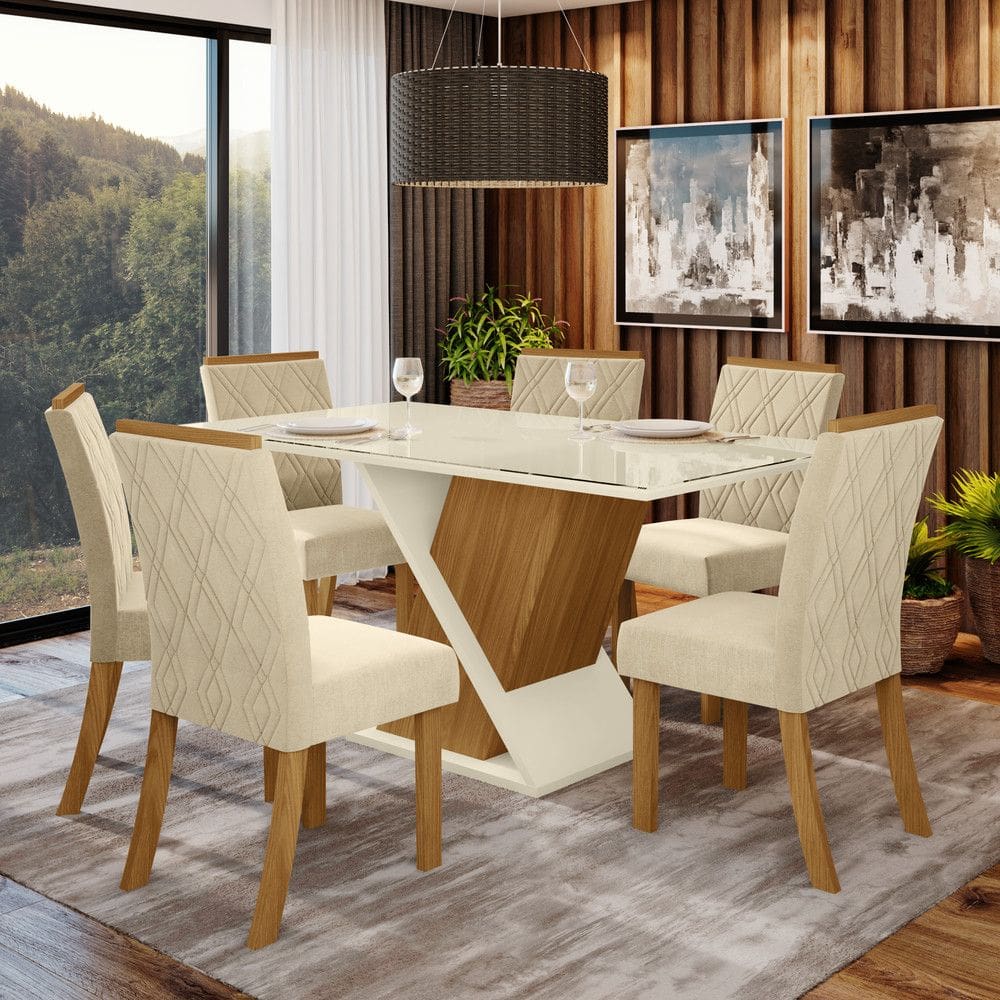 Conjunto Sala de Jantar Tampo MDF Canto Reto com Vidro 160 Cm 6 Cadeiras Sabrina Henn