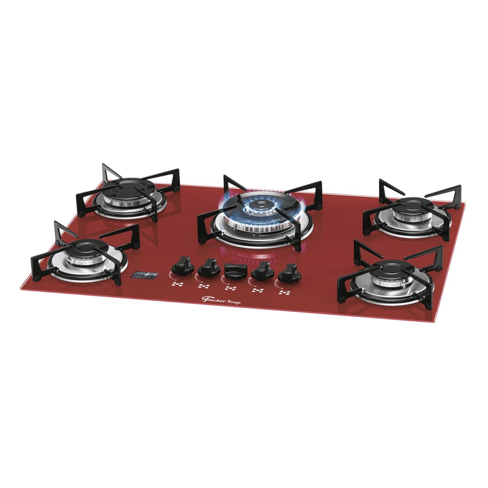 Fogão Cooktop Fischer 5Q Tripla Chama Gás Mesa Vidro Vermelho