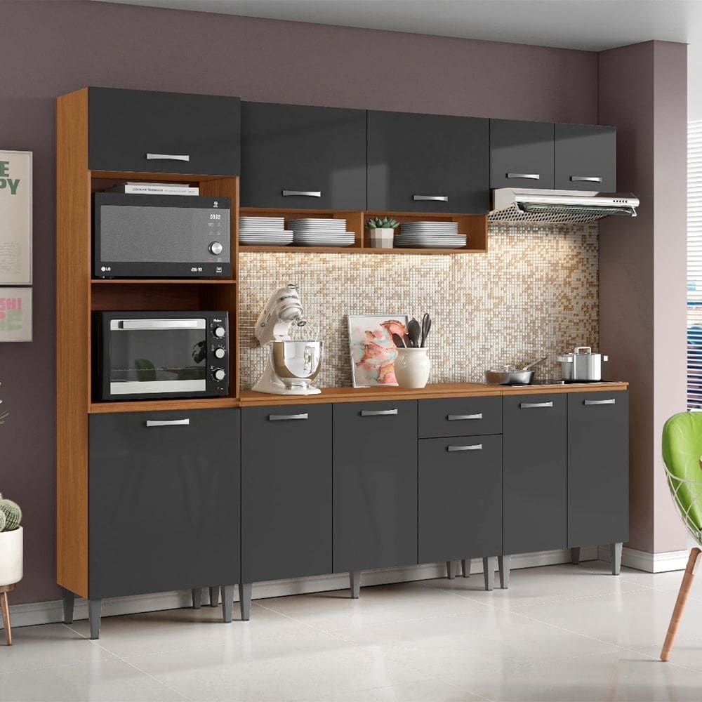 Cozinha Compacta Atenas com Balcão 120cm com Tampo e Balcão 70cm Cinamomo Grafite Aramóveis