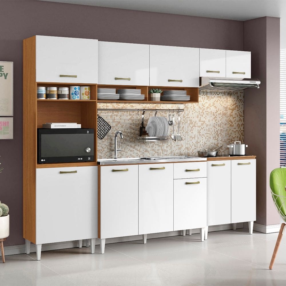 Cozinha Compacta Aurora com Balcão 120cm sem Tampo e Balcão 70cm Cinamomo Branco Aramóveis