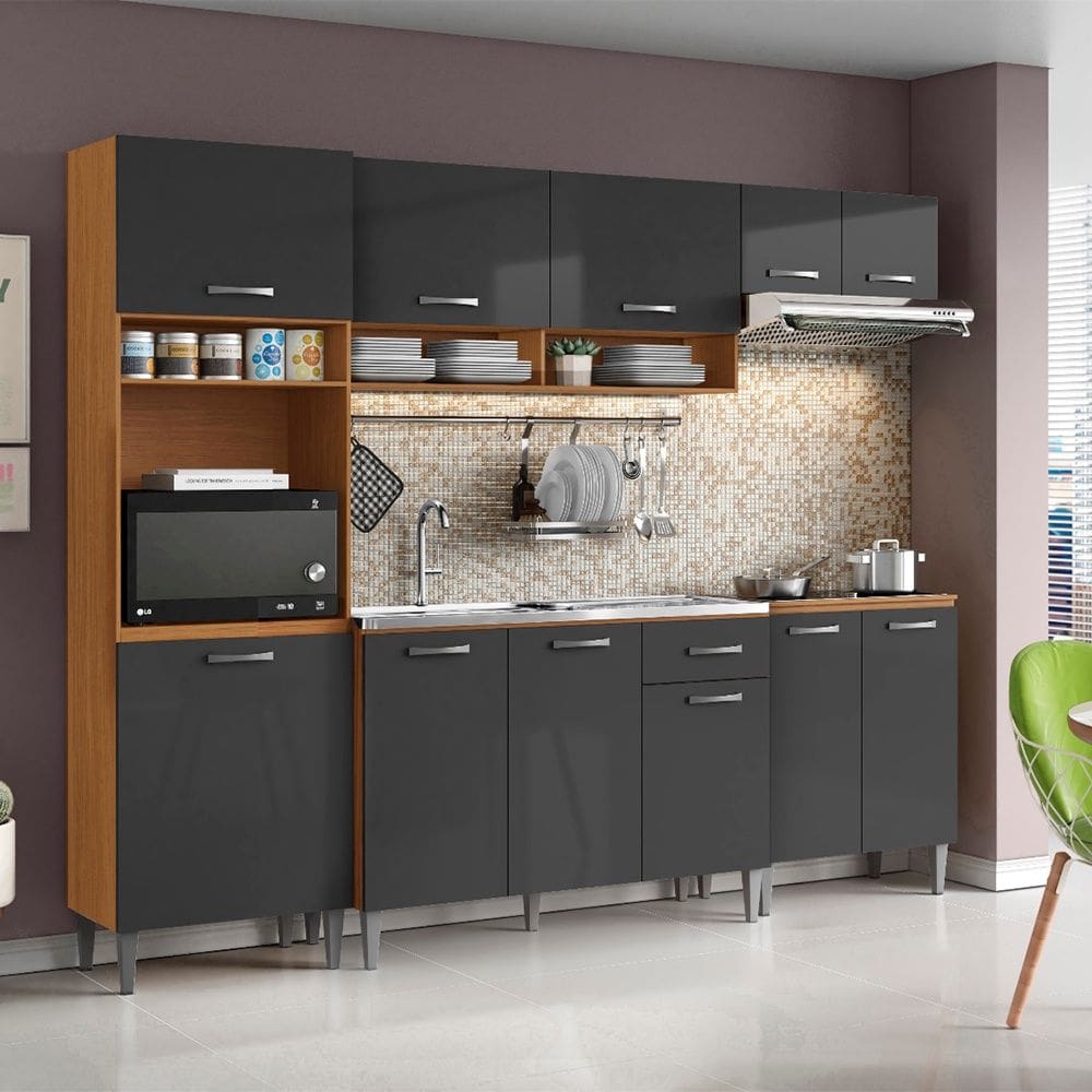 Cozinha Compacta Aurora com Balcão 120cm sem Tampo e Balcão 70cm Cinamomo Grafite Aramóveis