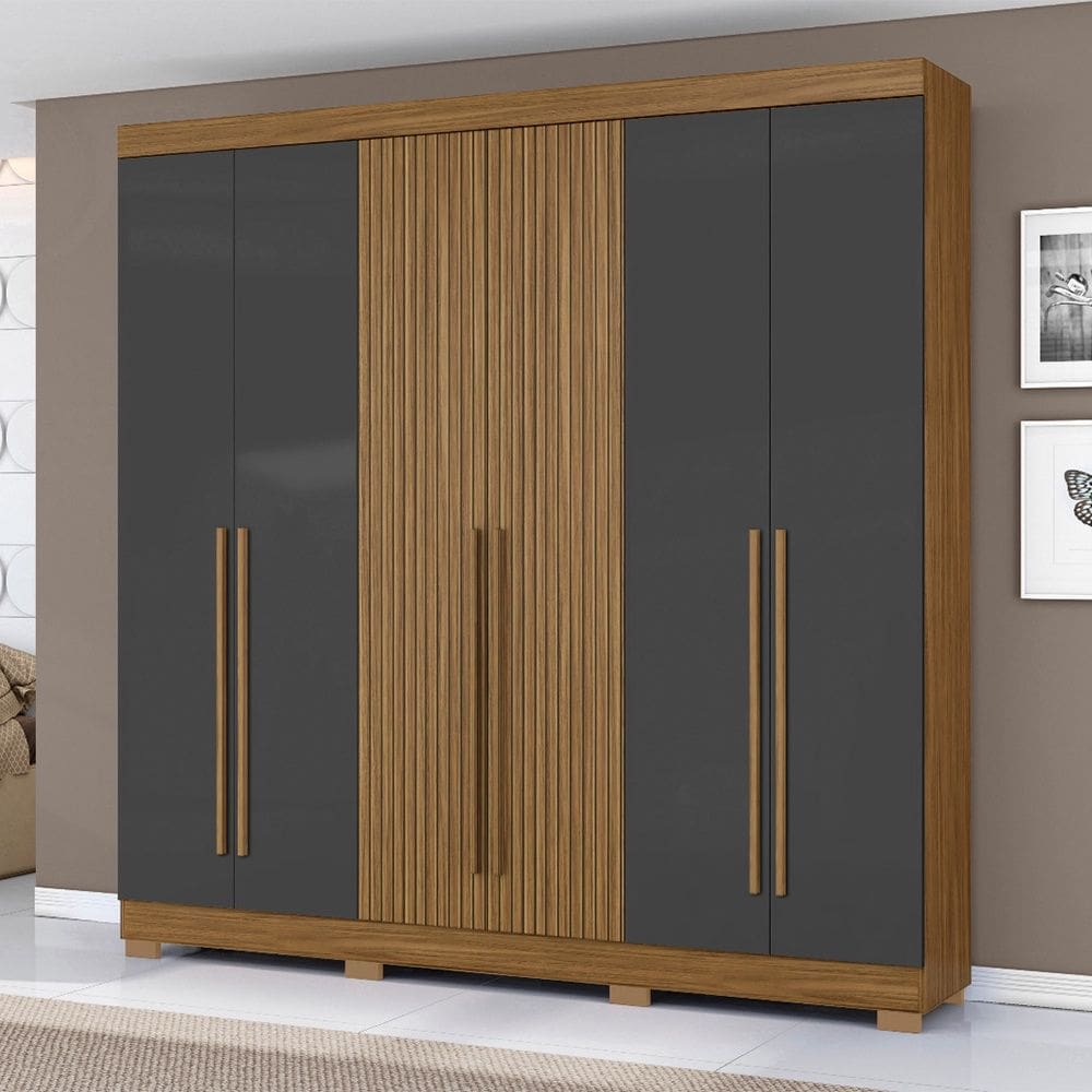 Guarda Roupa Roupeiro 230 6 Portas 2 Gavetas Atacama Ripado Grafite Aramóveis