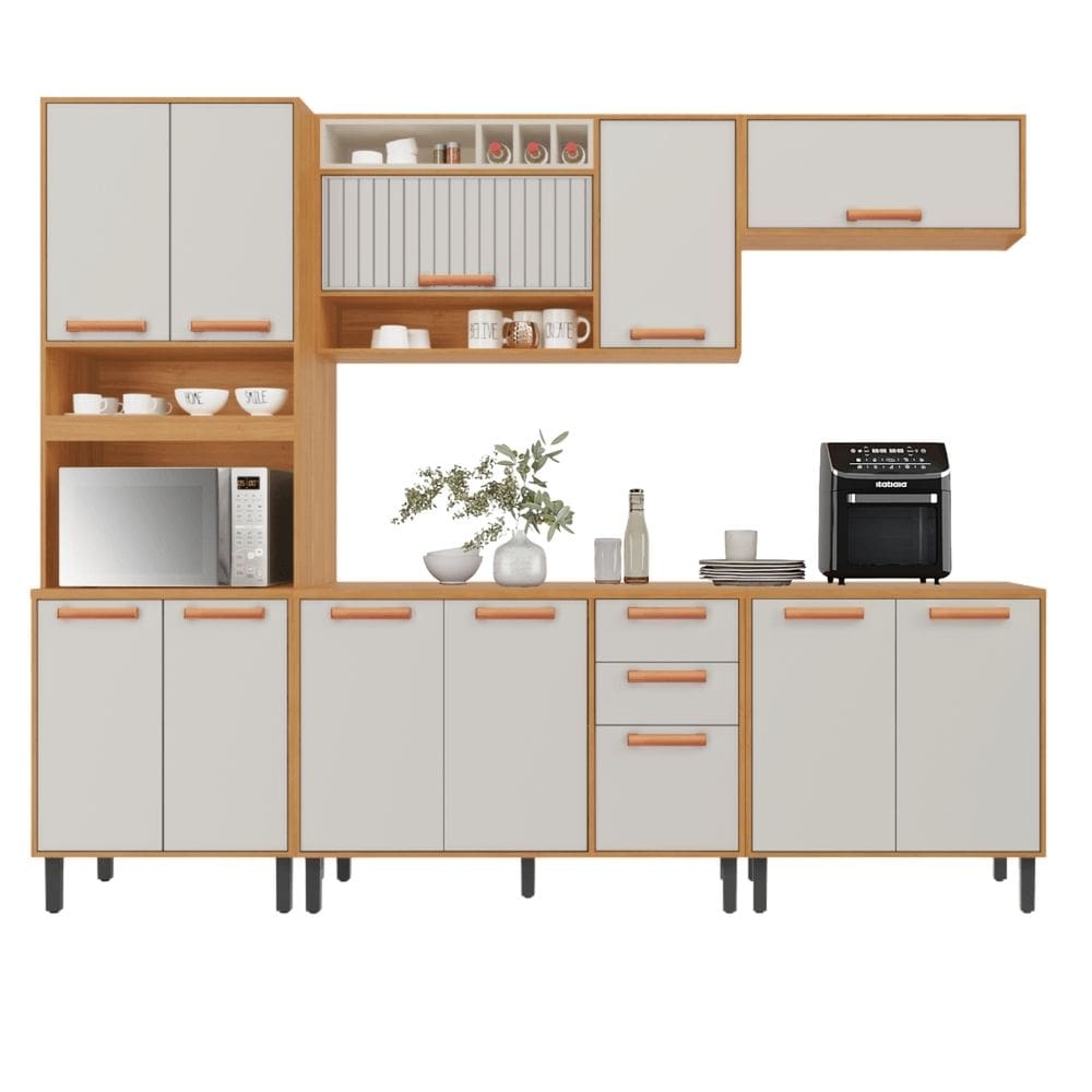 Armário De Cozinha Completa 12 Portas 2 Gavetas Núbia Madeirado/Off White