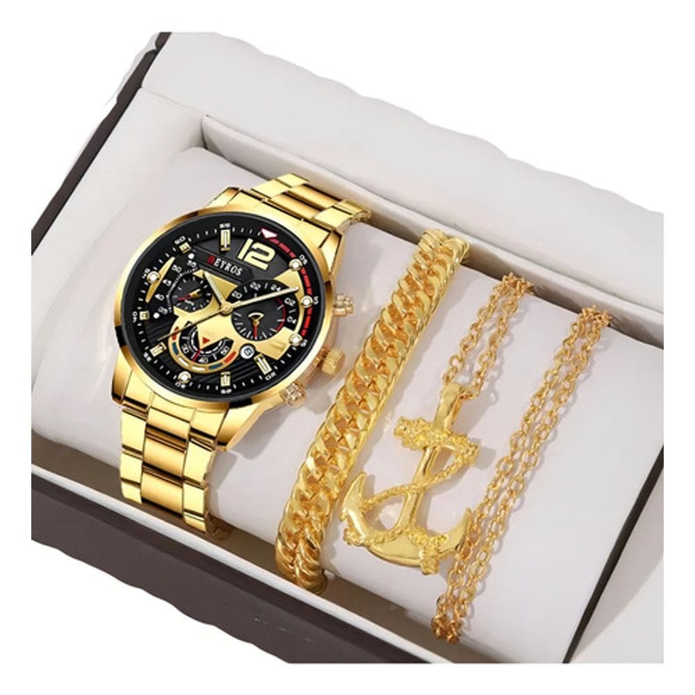 Relógio Masculino Dourado Metal + Kit Pulseiras Moderno Luxo Fundo Preto