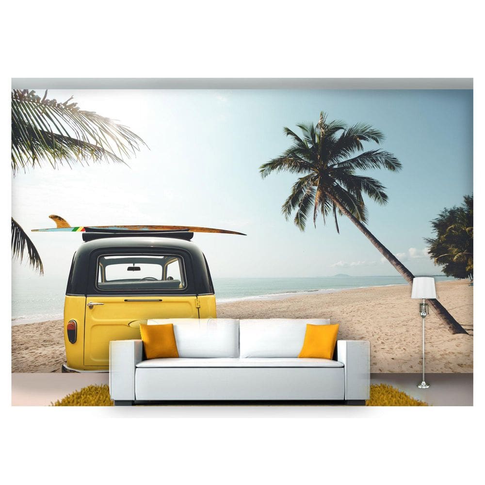 Papel De Parede Praia Mar Coqueiro Kombi 3D Npr230