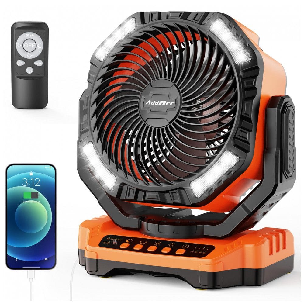 Ventilador Portátil Recarregável com Bateria de 40000mAh, Temporizador e Controle Remoto, 5V 22W, AddAcc, Laranja