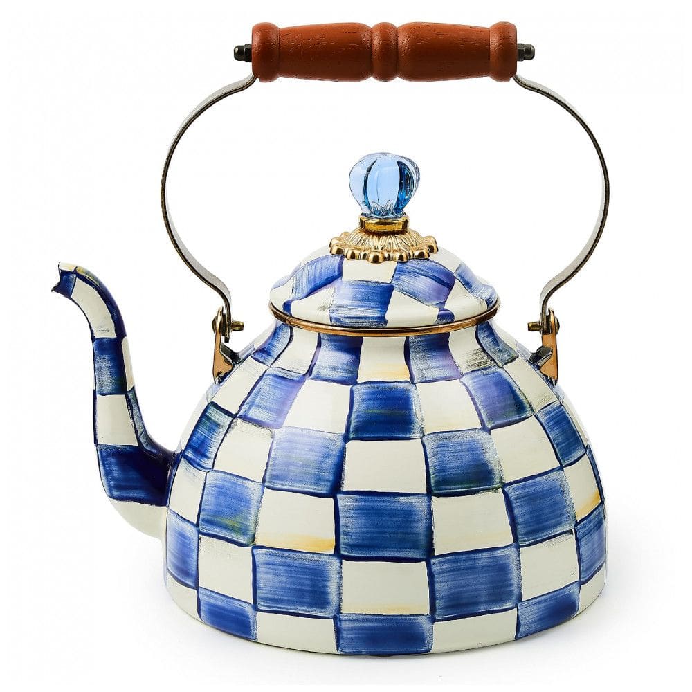 Chaleira de Chá Esmaltada 3 Litros com Pássaro, MacKenzie Childs, Branca e Azul Escuro