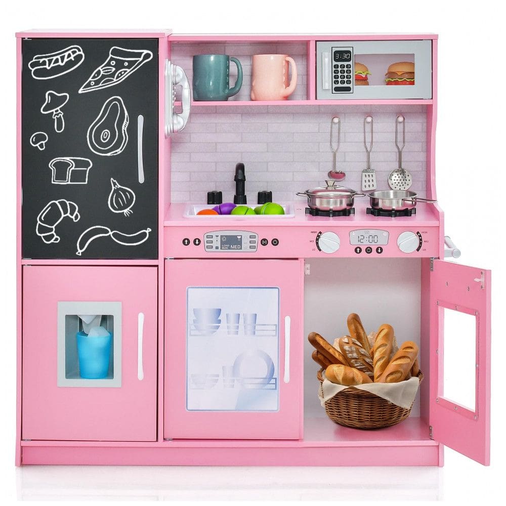 Cozinha Infantil em Madeira com Quadro Negro, Telefone, Micro-ondas, Máquina de Fazer Gelo, Máquina de Lavar Louça e Forno, Costzon, Rosa