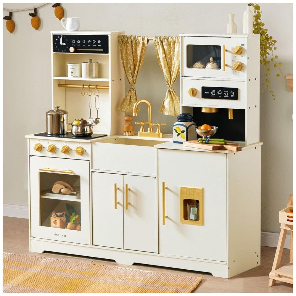 Cozinha de Brinquedo Realista em Madeira para Crianças de 3 a 10 Anos, Tiny Land, Branca Creme