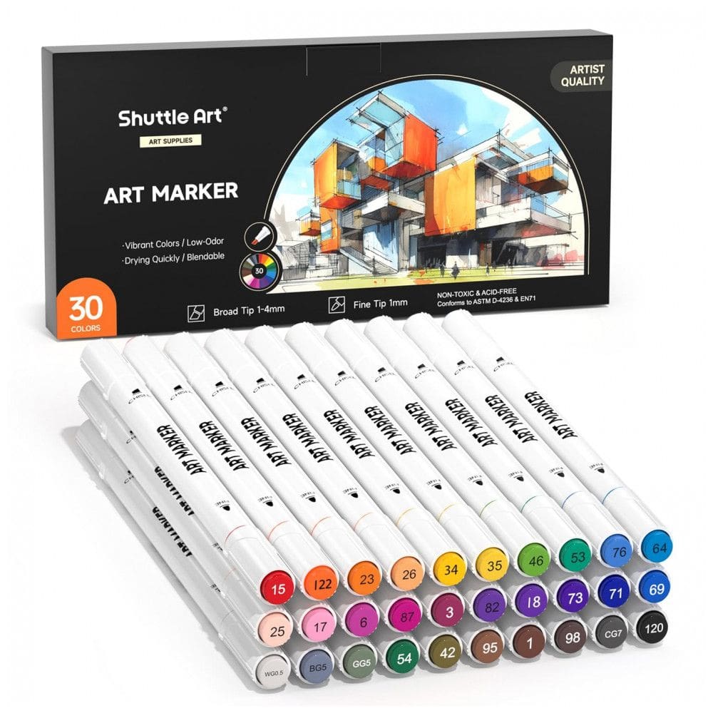 Conjunto de Canetas Artisticas 30 Cores à Base de Álcool de Ponta Dupla para Adultos e Criação de Cartões, Shuttle Art