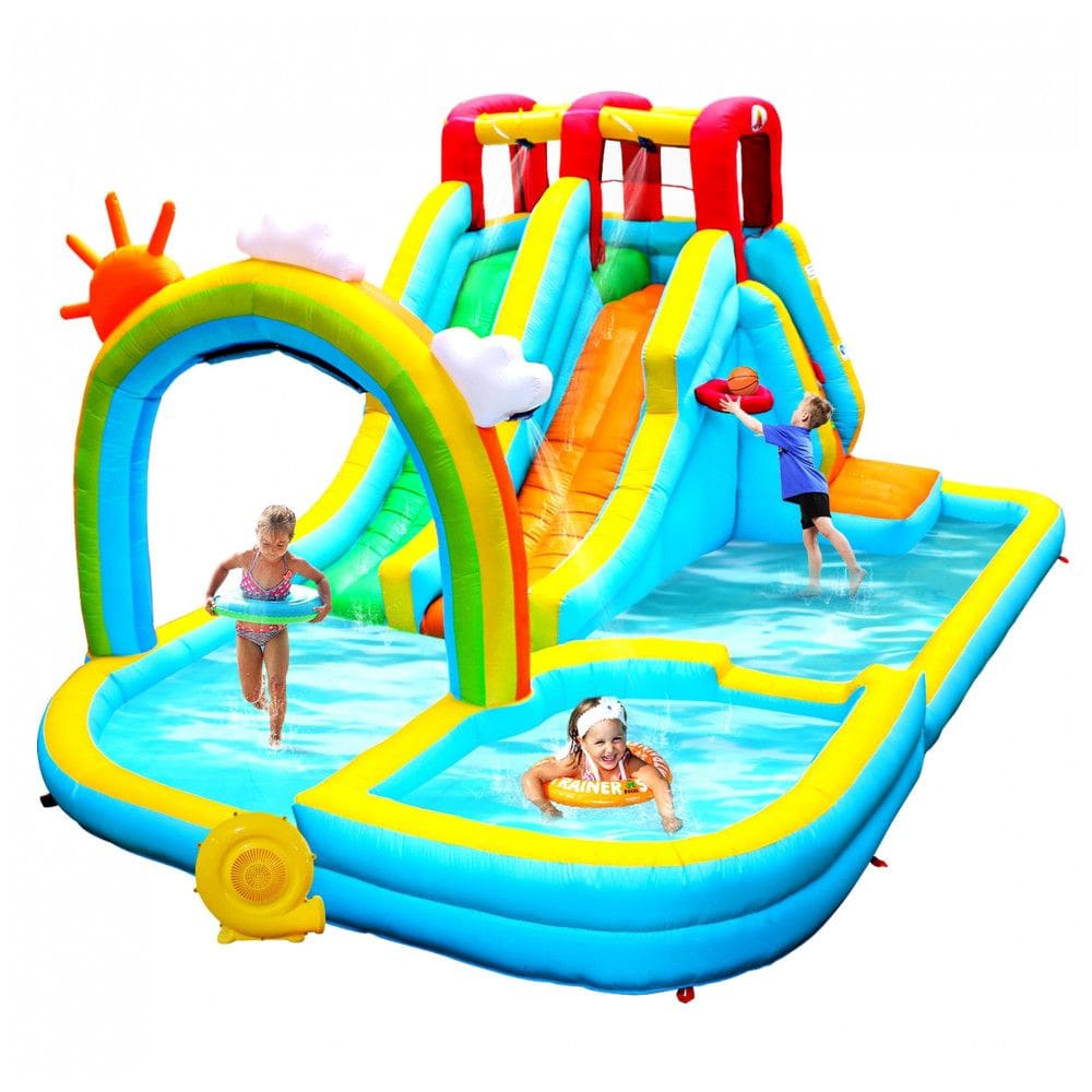 Parque Aquático Inflável até 160 kg com Cortina de Água, Escorregador e Parede de Escalada, WELLFUNTIME, Colorido