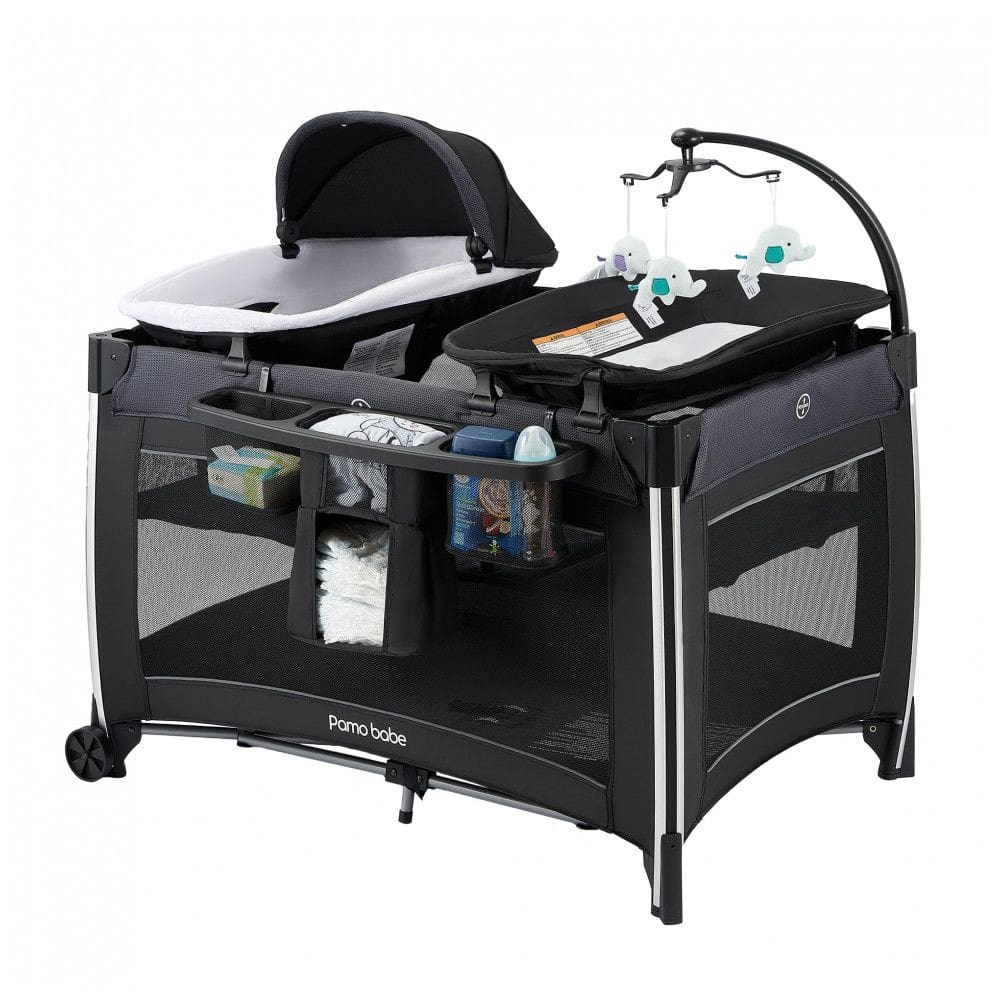 Berço Cercado Portátil 4 em 1 com Colchão, Trocador para Recém Nascido e Espaçoso, Pamo Babe, Preto