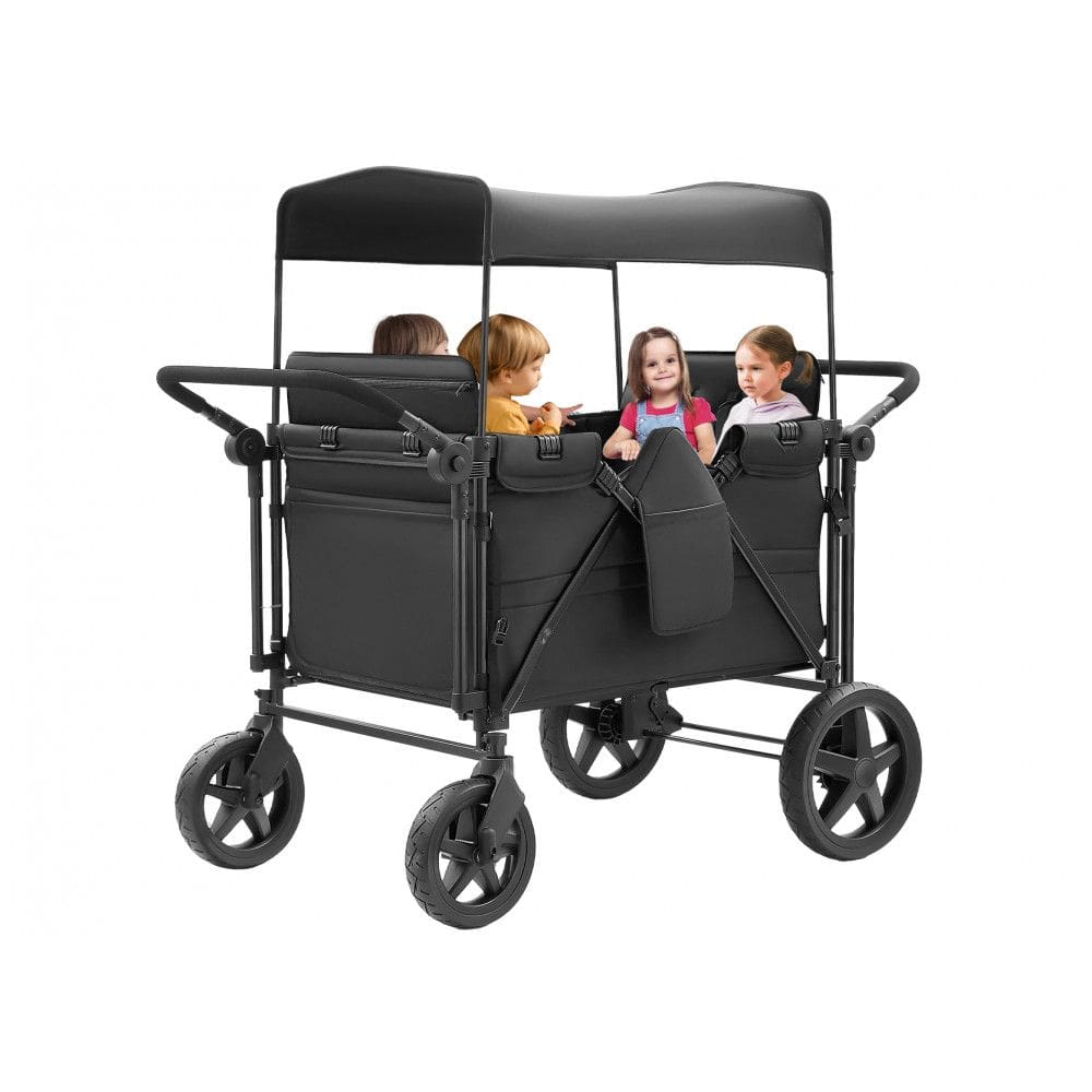 Carrinho de Passeio Vagão para 4 Crianças com Assentos Altos e Capota Ajustável, Wanan, Preto