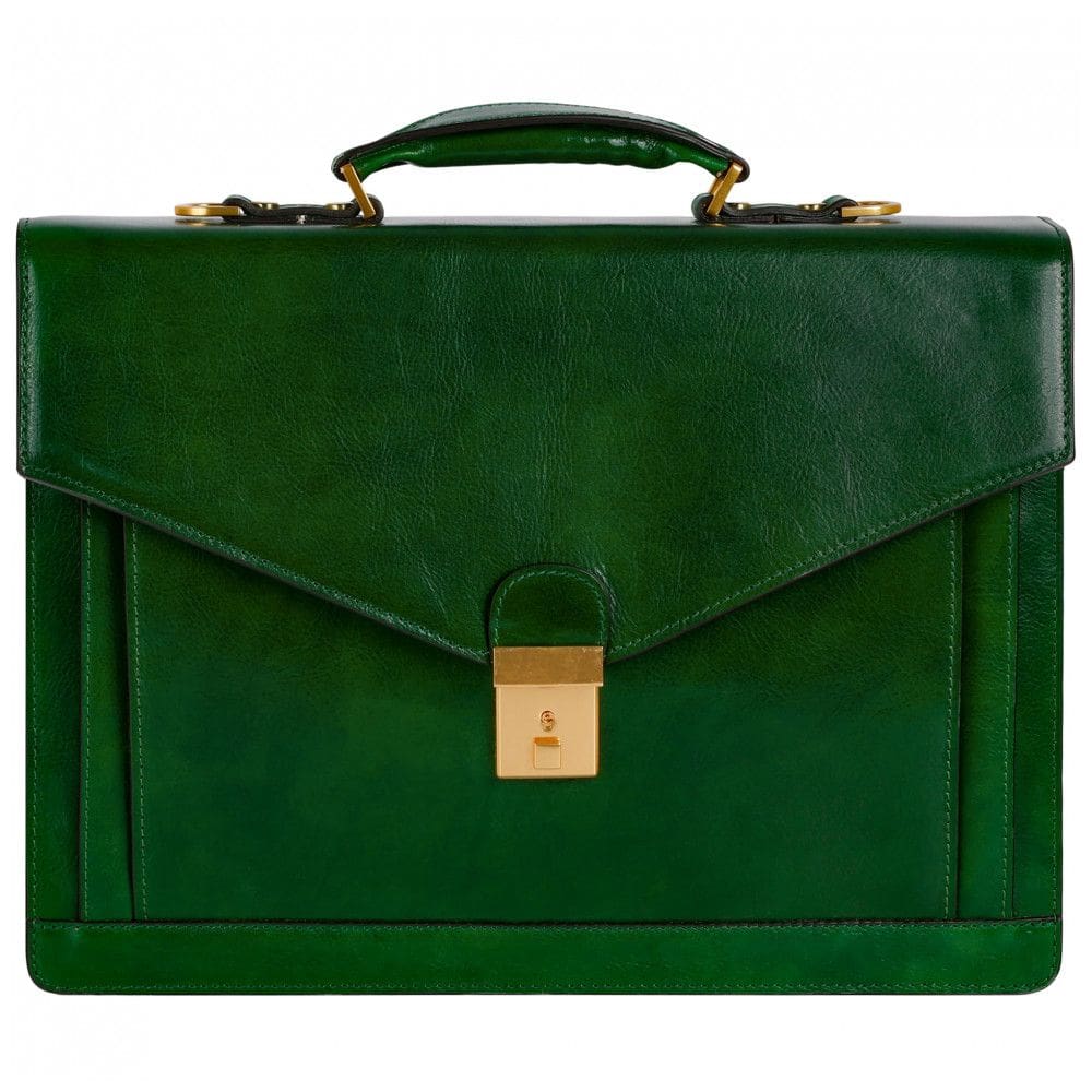 Bolsa Carteiro Masculina de Couro Artesanal Italiano para Laptop com 15 Polegadas e Fecho em Zíper, Time Resistance, Verde